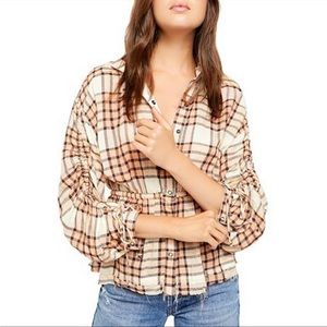 Free People Pacific Dawn Wool Blend Drawstring Plaid Top Peach Combo Size Medium